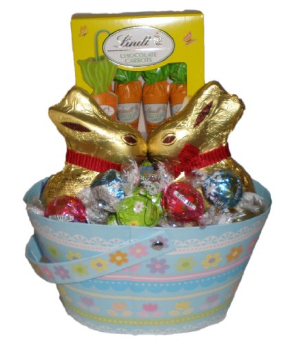 Happy Easter! Lindt Chocolate Kissing Bunnies, Carrots, and Truffles Gift Basket logo