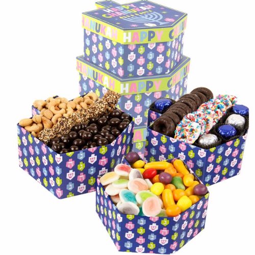 Happy Hanukkah Gift With Over 3 Pound Of Delicious Savory Nuts & Chocolate 3-tier Tower In Shape Of A Dreidel Kosher Gift Tower logo