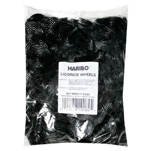 Haribo Fat-free Gummi Candy, Black Licorice Wheels, 5-pound Bag logo