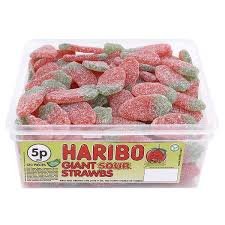 Haribo Giant Sour Strawbs Tub logo