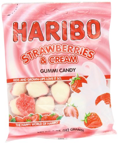 Haribo Gummi Candy, Strawberries and Cream, 5 ounce Bags (Pack of 12) logo