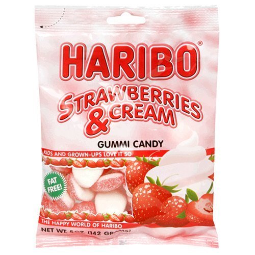 Haribo Gummi Candy, Strawberries and Cream, 5 ounce Bags (Pack of 24) logo