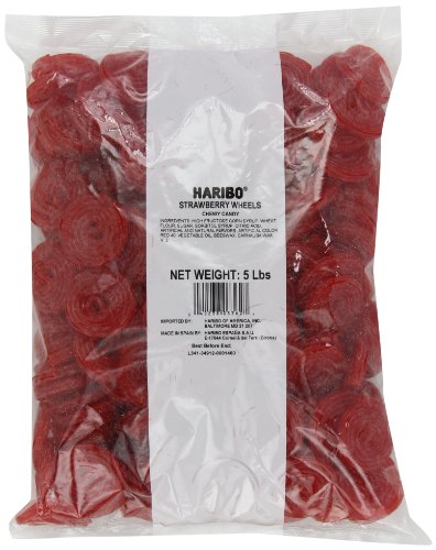 Haribo Gummi Candy, Strawberry Licorice Wheels, 5-pound Bag logo