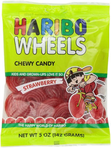 Haribo Gummi Candy, Strawberry Wheels, 5 ounce Bags (Pack of 12) logo