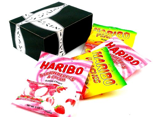 Haribo Gummi Peaches & Gummi Strawberries & Cream, 5oz Bags In A Gift Box (Pack of 4) logo