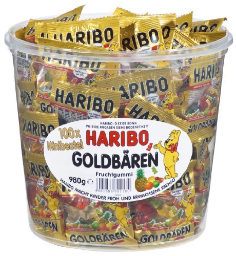 Haribo Mini Goldbaren, 100x Minibeutel, 980g Tub logo