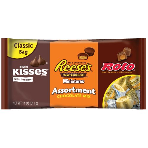 Hershey’s Assortment (rolo, Reese’s Miniatures & Hershey’s Kisses), 11 ounce Bags (Pack of 4) logo