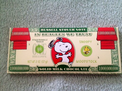 In Beagles We Trust. Snoopy 2oz Solid Milk Chocolate Bar 1,000,000,000 logo