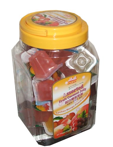 Jin Jin Assorted Fruit Coconut Candy Lychee Mango Peach and Grape Jelly Cups 52.9 Ounce Container logo
