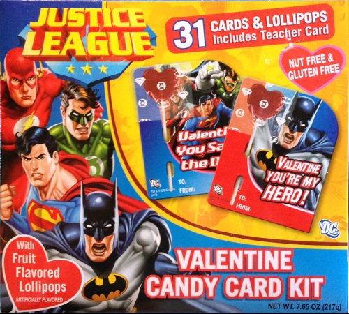 Justice League Valentine Candy Card Kit 31 Cards + Lollipops With Superman, Batman, Wonder Woman Etc. logo