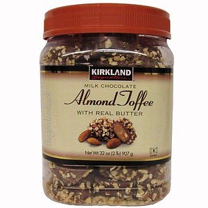 Kirkland Signature Milk Chocolate Almond Toffee With Real Butter 32 Oz Jar logo