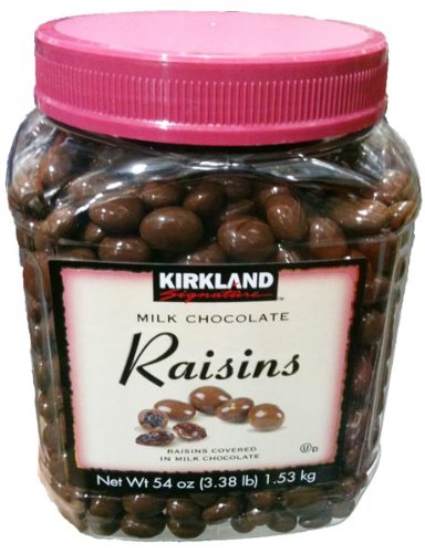 Kirkland Signature Milk Chocolate Raisins 3.38 Lbs (54 Oz) Jar logo