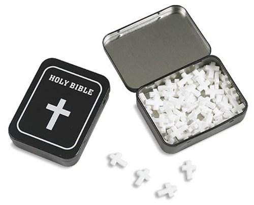 Latin Cross Shape Peppermint Mints In Holy Bible Tin Keepsake Candy Container logo