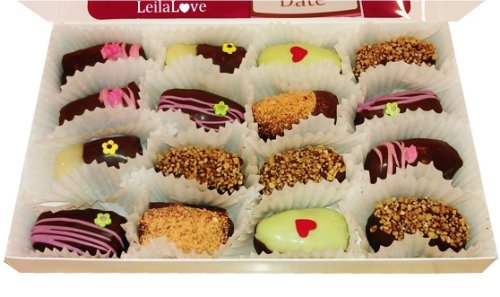 Leilalove Chocolatier, 12 Dates Stuffed With Toasted Hazelnut, Macadamia Walnut and Pistachios – Covered In Dark and Milk Chocolate-garnished logo