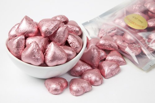 Light Pink Foiled Milk Chocolate Hearts (1 Pound Bag) logo