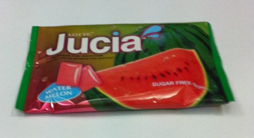 Lotte Jucia Chewing Gum Watermelon Flavor Sugar Free Dental Health Net Wt 12g (8 Pellets) X 5 Bags logo