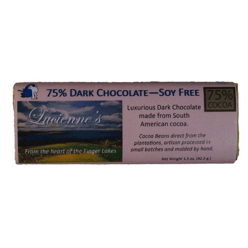 Lucienne’s 75% Dark Chocolate Bar. Soy Free. Handmade Using All Natural Ingredients and The Finest Quality Ecuadorian Chocolate. 1.5 Oz. logo