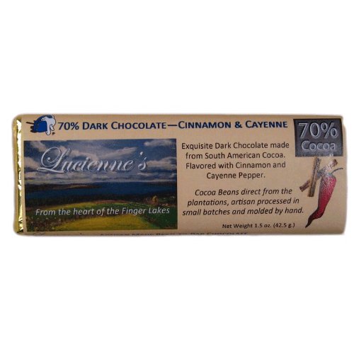 Lucienne’s Cinnamon and Cayenne Dark Chocolate Bar. Handmade Using All Natural Ingredients. 70% Cocoa Chocolate. 1.5 Oz. logo