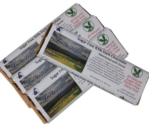 Lucienne’s Sugar Free Chocolate, 4 – 2 Oz. Bars, Sweetened With Stevia. The Finest Quality Ecuadorian Chocolate. All Natural Ingredients. 83% Cocoa Chocolate. logo