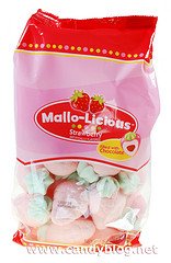 Mallo-licious, Chocolate Filled Strawberry Shaped Marshmallow, 3.92oz Bag (Pack of 4) logo