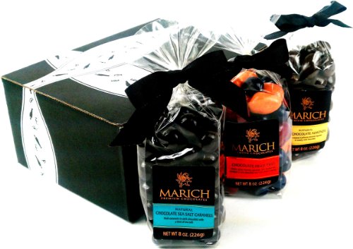 Marich Chocolate Fruit Medley, Dark Chocolate Sea Salt Caramels, and Milk Chocolate Almonds, 8 Oz Bags In A Gift Box (Pack of 3) logo