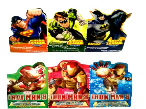 Marvel Iron Man 3 & Justice League Popping Candy With Lollipop logo