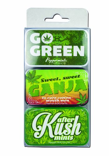 Mary Jane Mints 3 Tins, Go Green, Sweet Ganja, After Kush logo