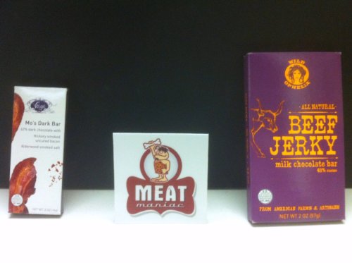 Meat Maniac Chocolate Bacon Combo Gift Pack With Sticker- Vosges Mo’s Mini Dark Choclate Bacon Bar (.5oz) & Wild Ophelia All Natural Beef Jerky Milk Chocolate Bar (2oz) logo