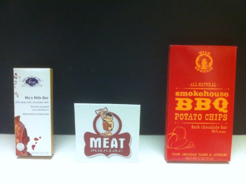 Meat Maniac Chocolate Bacon Combo Gift Pack With Sticker- Vosges Mo’s Mini Milk Choclate Bacon Bar (.5oz) & Wild Ophelia Bbq Potato Chips Dark Chocolate Bar (2oz) logo