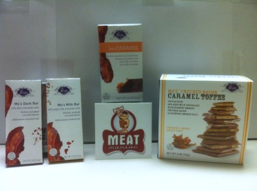 Meat Maniac Ultimate Chocolate Bacon Sampler Gift Pack With Sticker- Vosges Mo’s Uncured Bacon Caramel Toffee (4oz), Vosges Mo’s Mini Dark Choclate Bacon Bar (.5oz), Vosges Mo’s Mini Milk Chocolate Bacon Bar (.5oz) & Vosges Mo’s Bacon Caramel logo