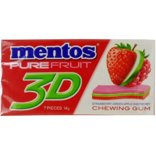 Mentos Chewing Gum Pure Fruit 3d Strawberry Green Apple Raspberry Flavor Net Wt 14 G (7 Pieces) X 10 Boxes logo