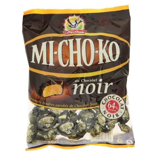 Mi-cho-ko, Soft Caramels Coated In Dark Chocolate La Pie Qui Chante 9.88 Oz logo