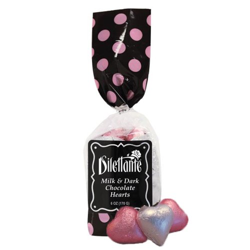 Milk & Dark Chocolate Hearts – Pink & Silver Foil Wrapped – 6oz Gift Bag – By Dilettante (4 Pack) logo