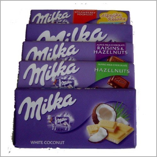 Milka Chocolate – 10 Bars (2 Of Each – Alpine, Strawberry Yogurt, Hazelnuts, White, Happy Cows) logo