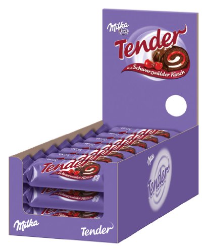 Milka Tender A La Black Forest Cherry, 21 Single Bars, Display logo