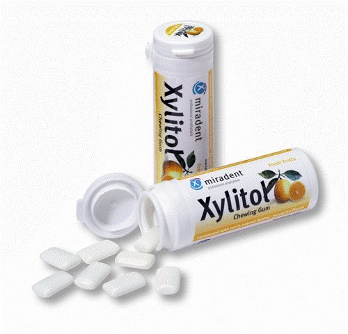 Miradent 100% Xylitol Dental Professional Chewing Gum (fresh Fruit Flavor / 12 Tubes Of 30 Pieces Each) logo