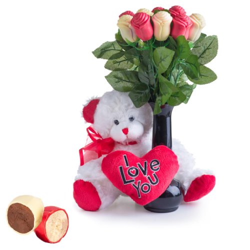 Mixed Collection Of Belgian Chocolate Truffle Roses Held By Valentine’s Teddy Bear (chocolate Flowers) logo