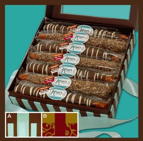 Moms Originals Gfb-2l-14-va 14pc Gourmet Gift Box – Variety Of Milk and Dark Chocolate – Chocolate-aqua Stripes Gift Box logo