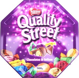 Nestle Quality Street Assorted Milk and Dark Chocolates & Toffees Tin Net Wt 900 G (31.61 Oz) logo