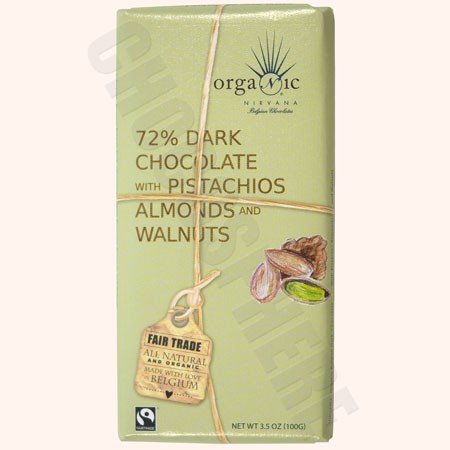 Nirvana Organic 72% Dark Chocolate Bar With Pistachios, Almonds & Walnuts logo