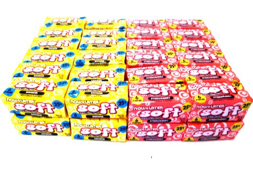 Now & Later Soft Strawberry/banana Long Lasting Taffy Chews – 48 Packs Of 6 Pieces Packages (144 Sticks Total) Tj6 logo