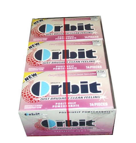 Orbit Positively Pomegranate Sugarfree Chewing Gum Twelve 14-piece Packs Per Box logo