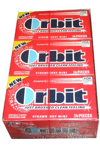 Orbit Strawberry Remix Sugarfree Chewing Gum Twelve 14-piece Packs Per Box logo