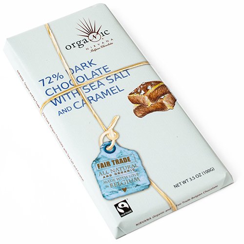 Organic Dark Belgian Chocolate Bar With Caramel and Sea Salt 72% (3.5 Ounce) logo