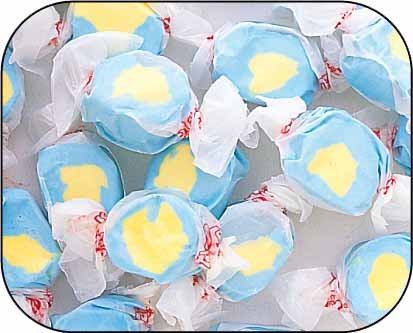 Passion Fruit Blue & Yellow Gourmet Salt Water Taffy 1 Pound Bag logo