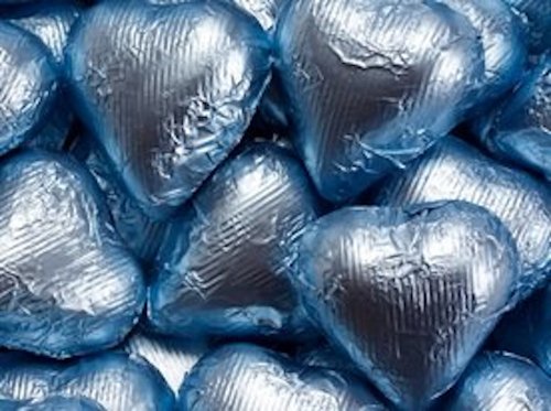 Pastel Blue Foiled Milk Chocolate Hearts 1lb Bag logo