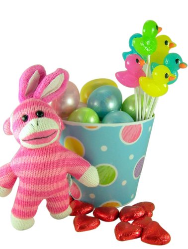 Pink Bunny Ears Sock Monkey Plush Toy In Easter Basket With Eggs and Assorted Candy logo