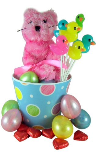 Pink Fur Cat Kitten Plush Toy In Pastel Easter Basket With Eggs & Assorted Candy logo
