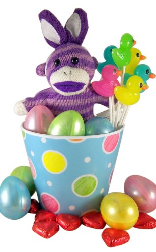 Purple Bunny Ears Sock Monkey Plush Toy In Easter Basket With Eggs and Assorted Candy logo