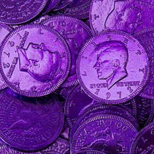 Purple Foiled Milk Chocolate Coins 1lb Bag logo